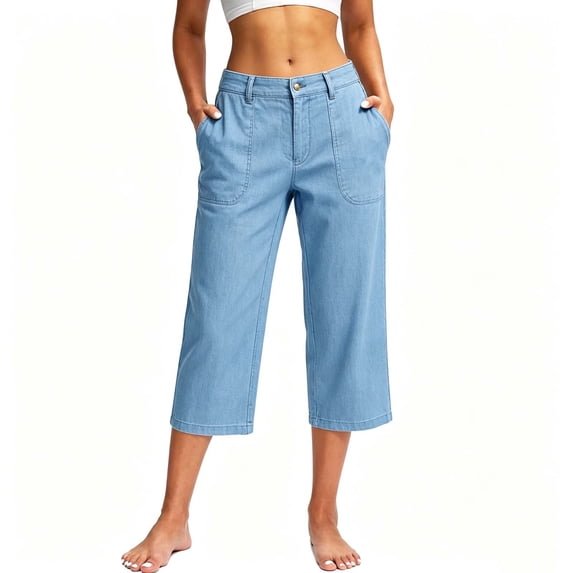 Oksale Womens Denim Capris with Pockets Petite Pull On Straight Leg Capri Pants Casual High Waisted Button Cropped Trousers for Travel Light Blue M