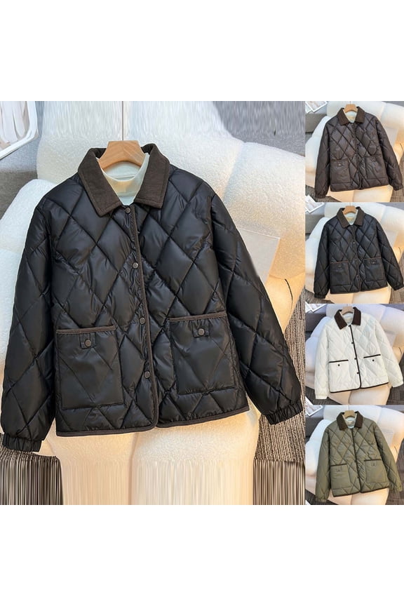 Womens Diamond Puffer Jacket Trendy Lapel Jackets with Pockets Casual Button Down Coats Loose Long Sleeve Winter Overcoats White S