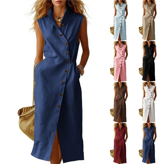 Oksale Womens Dresses Casual Button Down V Neck Tank Dress Summer Vacation Maxi Long Dresses Sleeveless Sundresses with Pockets Pink M