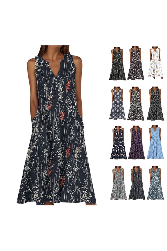 Womens Dresses Summer 2026 Plus Size Dresses Casual Dressy Floral Midi Dress with Pockets 2026 Multicolor 3XL