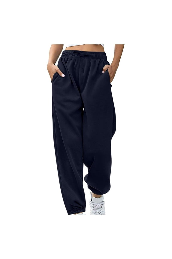 Womens Elastic Drawstring Sweatpants Trendy High Waisted Sweat Pants with Pockets Active Joggers Athletic Cinch Bottoms Fitness Dance Hiking Trousers Navy XL