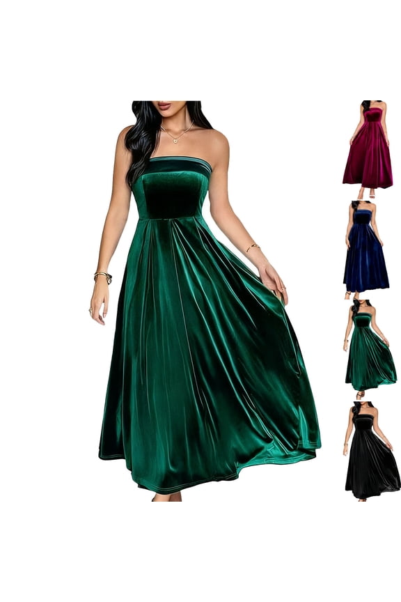 Womens Elegant Tube Velvet Dress Strapless Sleeveless Wedding Dresses Soft Cozy Flowy A Line Maxi Dresses for Holiday Party Green M