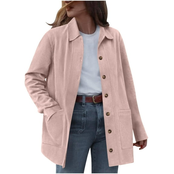 Oksale Womens Faux Suede Jackets with Pockets Vintage Button Down Lapel Coats Cozy Long Sleeve Fall Jacket Winter Warm Outerwear 2025 Pink M