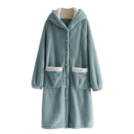 Oksale Womens Flannel Hooded Nightgowns with Pockets Trendy Button Down Sleepwear Cozy Long Sleeve Fleece Nightdress Warm Winter Pajama Dress Blue L