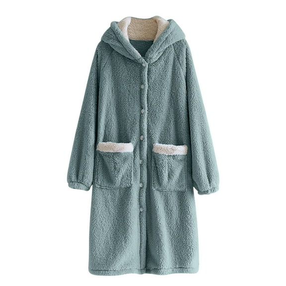 Oksale Womens Flannel Hooded Nightgowns with Pockets Trendy Button Down Sleepwear Cozy Long Sleeve Fleece Nightdress Warm Winter Pajama Dress Blue M