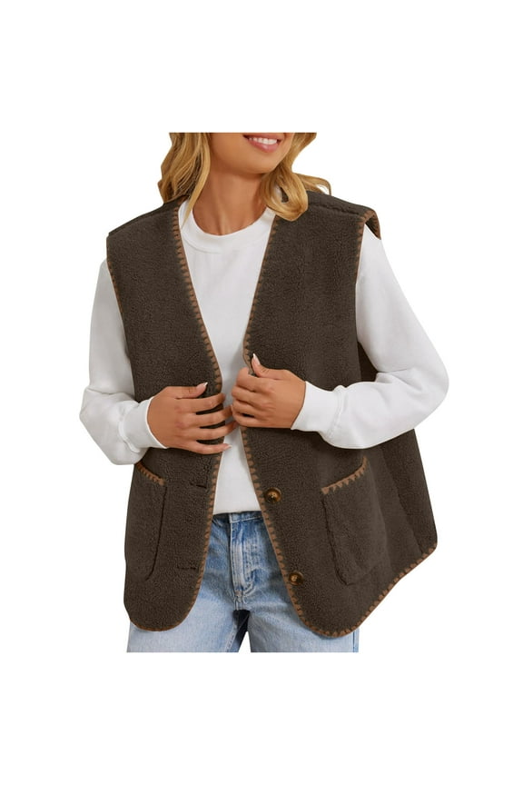 Womens Fleece Vest Trendy Button Down Vest with Pockets Solid Color Sleeveless Jackets Tank Jacket Soft Lightweight Comfy Outwear 2025 Brown XXL