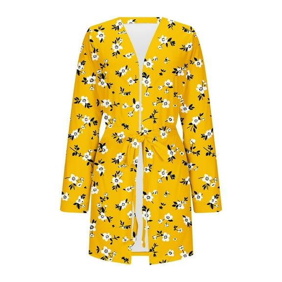 Oksale Womens Floral Graphic Robes with Belt Cozy Long Sleeve Bath Robe Super Soft Mini Bathrobes for Home Plus Size Loungewear Yellow L