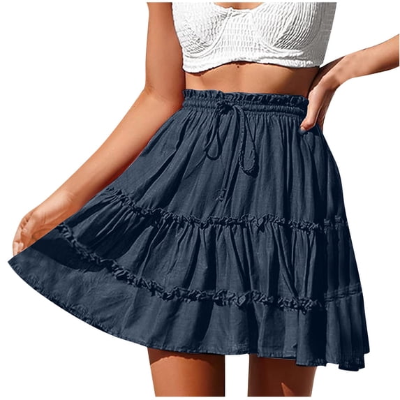 Oksale Womens Flowy Mini Skirt Vacation Beach 2026 Ruffle Tiered Skirts Cozy Drawstring Stretch High Waist Skirt Navy 3XL
