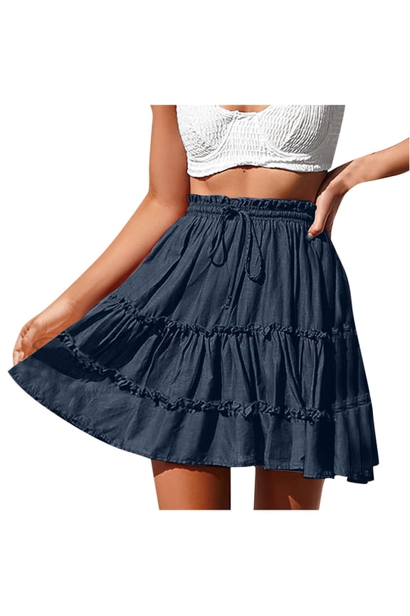 Womens Flowy Mini Skirt Vacation Beach 2026 Ruffle Tiered Skirts Cozy Drawstring Stretch High Waist Skirt Navy L