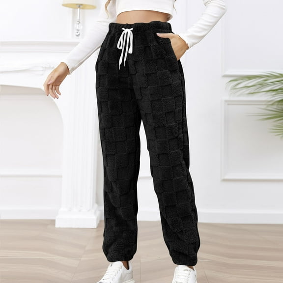 Oksale Womens Fuzzy Pajama Pants with Pockets Fleece Pj Pants Trendy Checked Sleep Pants Casual Lounge Pants Soft Warm Trousers for Sleep 2025 Black M