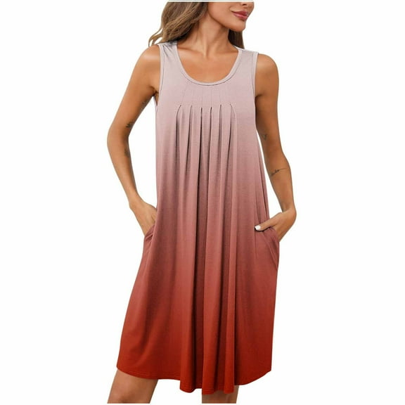 Oksale Womens Gradient Sleep Dress with Pockets Trendy Pleated Fornt Nightgowns Casual Crew Neck Mini Night Gown Sleeveless Sleepwear for Home Red XL