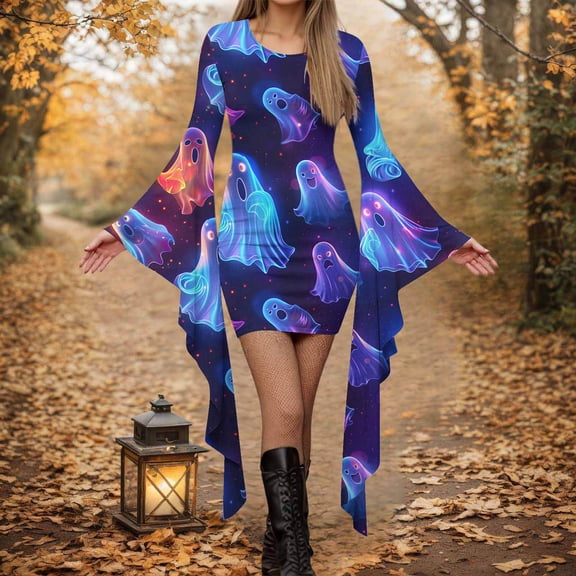 Oksale Womens Halloween Mini Dress Flowy Long Sleeve Bodycon Dresses Slim Fit Crew Neck Festivbal Outfits for Evening Party Blue S