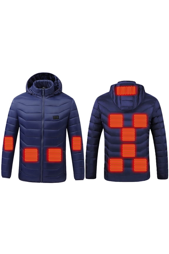 Womens Heated Jacket without Battery Unisex Thermal Jackets Detachable Hood Coats USB Smart Quilted Puffer Coat Heating Winter Overcoats Blue L