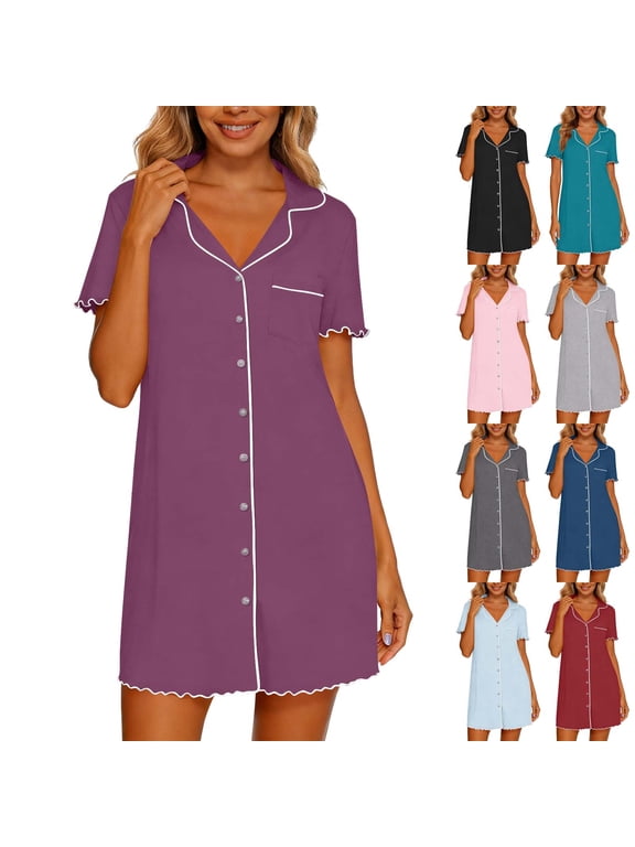 Womens House Dresses with Snaps Casual Lapel Mini Nightgowns Cozy Soft Short Sleeve Curl Trim Loungewear with Pockets Light Blue S
