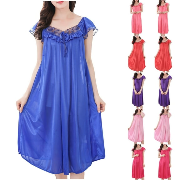 Oksale Womens Lace Ruffle Midi Pajama Dress Trendy Pleated Front Silk Nightgowns Short Sleeve Crewneck Nightshirts for Holdiay 2025 Red L