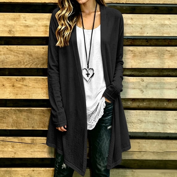 Oksale Womens Lightweight Long Cardigan Soft Cozy Long Sleeve Cotton Linen Cardigans Open Front Asymmetrical Hem Casual Jackets Casual Shirts Black 2XL