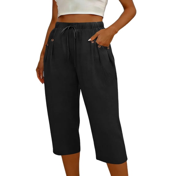 Oksale Womens Linen Capri Pants Petite with Pockets Loose Fit Straight Leg Fashion Clothing Summer Drawstring Elastic Waisted Capris Black L
