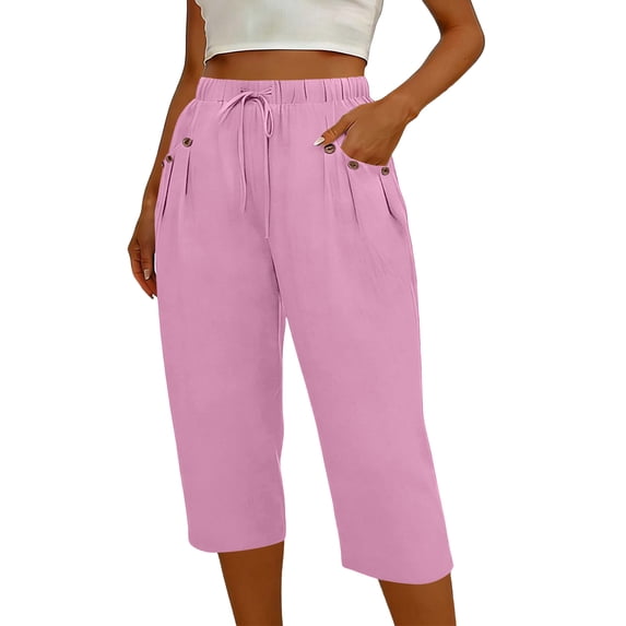 Oksale Womens Linen Capri Pants Petite with Pockets Loose Fit Straight Leg Fashion Clothing Summer Drawstring Elastic Waisted Capris Pink M