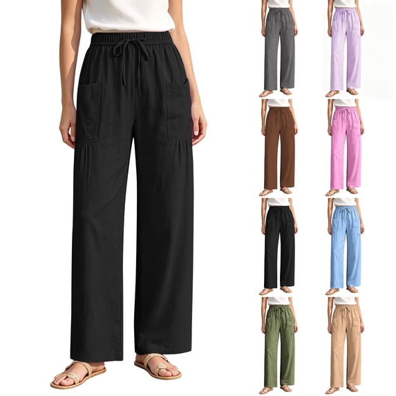 Oksale Womens Linen Pants Clothing Petite Loose Straight Leg Pants with Pockets Summer Drawstring Waist Cozy Casual Pants Gray 2XL