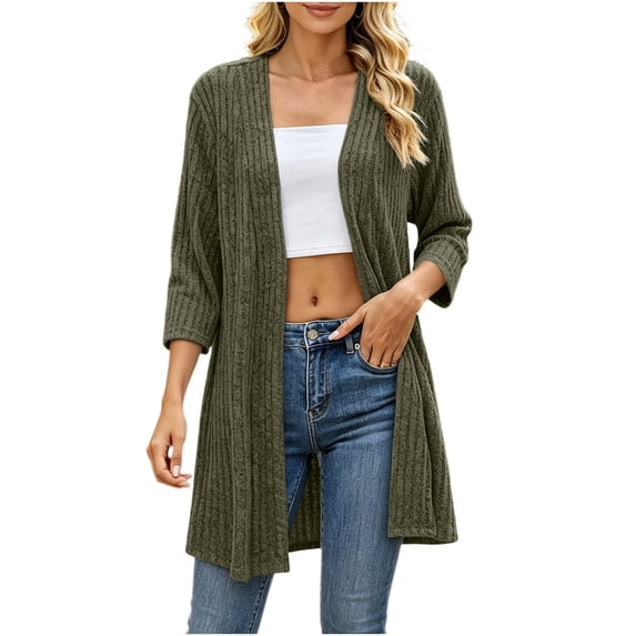 Oksale Womens Long Cardigan Lightweight Soft Cozy 3/4 Length Sleeve Ribbed Knit Cardigans Tops Open Front Sweaters Winter Clothes Army Green S