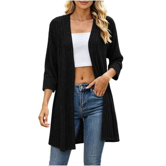 Oksale Womens Long Cardigan Lightweight Soft Cozy 3/4 Length Sleeve Ribbed Knit Cardigans Tops Open Front Sweaters Winter Clothes Black M