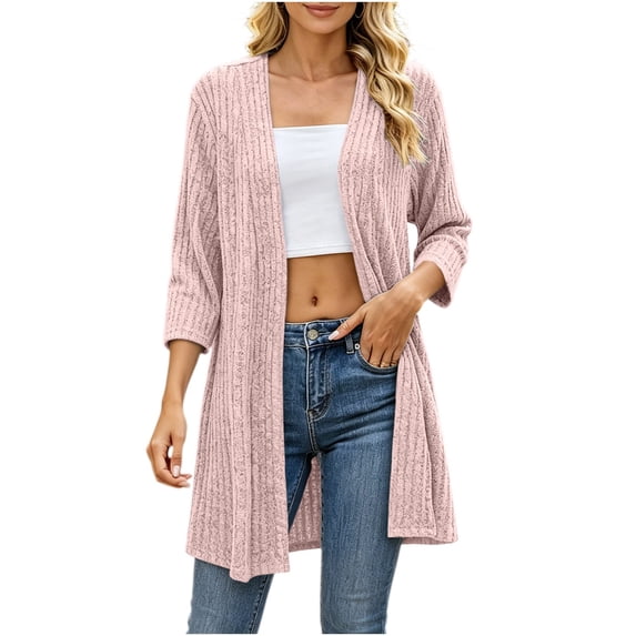 Oksale Womens Long Cardigan Lightweight Soft Cozy 3/4 Length Sleeve Ribbed Knit Cardigans Tops Open Front Sweaters Winter Clothes Pink XL