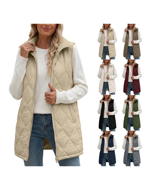Womens Long Quilted Vest No Hood Full Zip Puffer Outerwear Casual Lapel Collar Sleeveless Jackets with Pockets Fall Winter Coats 2026 Gray M