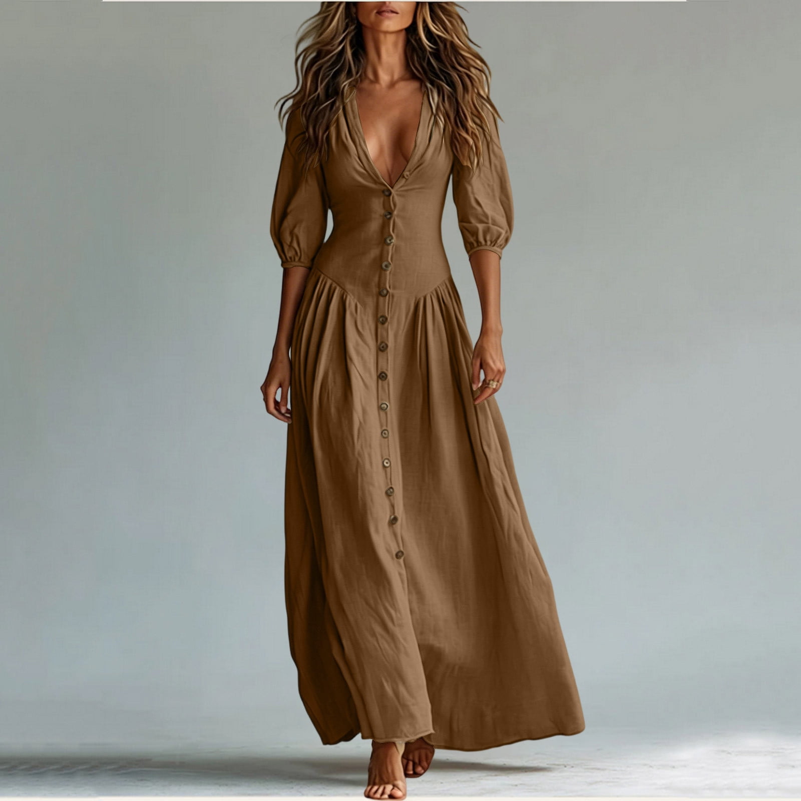 ladies maxi dress sale Oksale Womens Dresses for Summer Soft Comfy Half Sleeve Cotton Vintage Deep V Neck Button Down Flowy Dresses Going Out Sets Brown 2XL pf26_hero