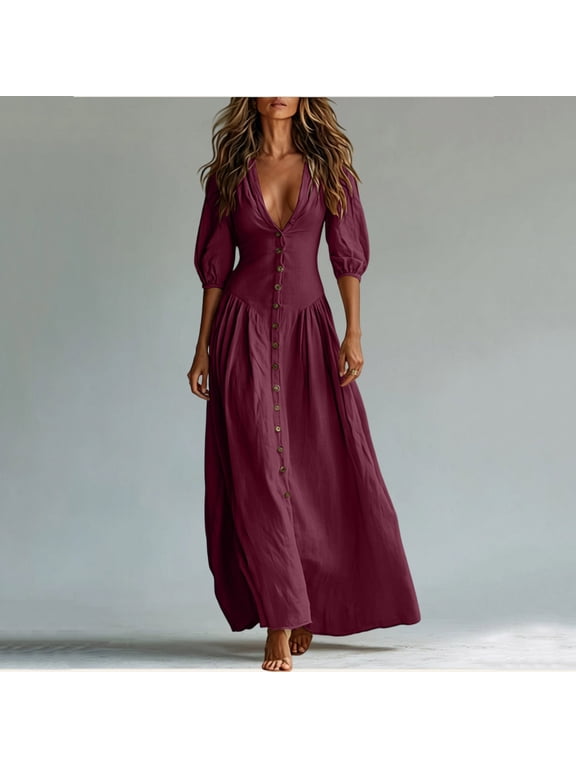 Womens Maxi Dresses for Summer Soft Comfy Half Sleeve Cotton Dress Vintage Deep V Neck Button Down Flowy Dresses Going Out Sets Wine M