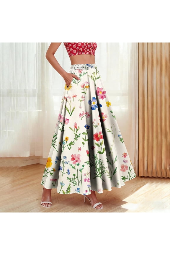 Womens Maxi Skirts with Pockets Vintage Flowy Boho Skirt Elastic High Waisted Plus Size Skirts 2026 White S