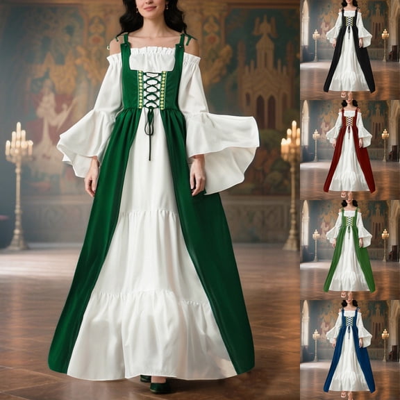 Oksale Womens Medieval Dress Retro Elegant Cold Shoulder Lace Up Floor Length Dresses Renaissance European Flared Long Sleeve Evening Gowns Black S