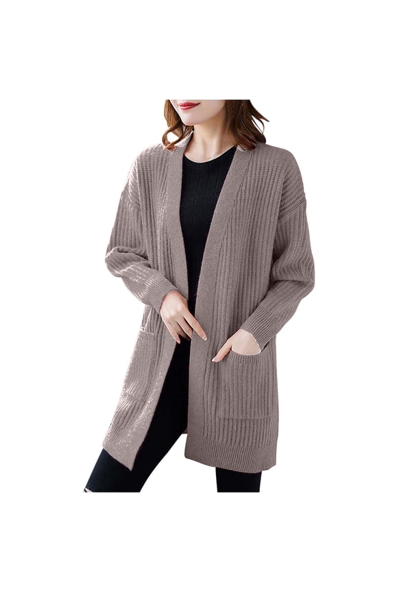 Womens Midi Cardigan Sweaters with Pockets Loose Long Sleeve Cardigans Trendy Ribbed Sweaters Open Front Jackets Fall Winter Going Out Tops Coffee Free Size