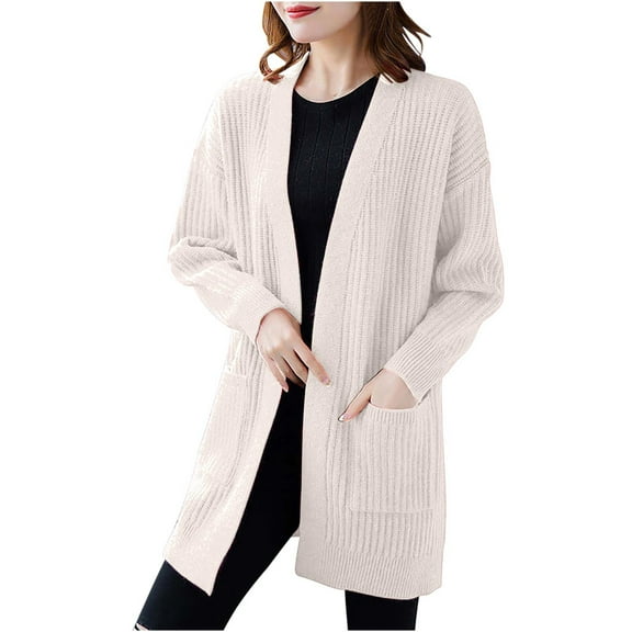 Oksale Womens Midi Cardigan Sweaters with Pockets Loose Long Sleeve Cardigans Trendy Ribbed Sweaters Open Front Jackets Fall Winter Going Out Tops White Free Size