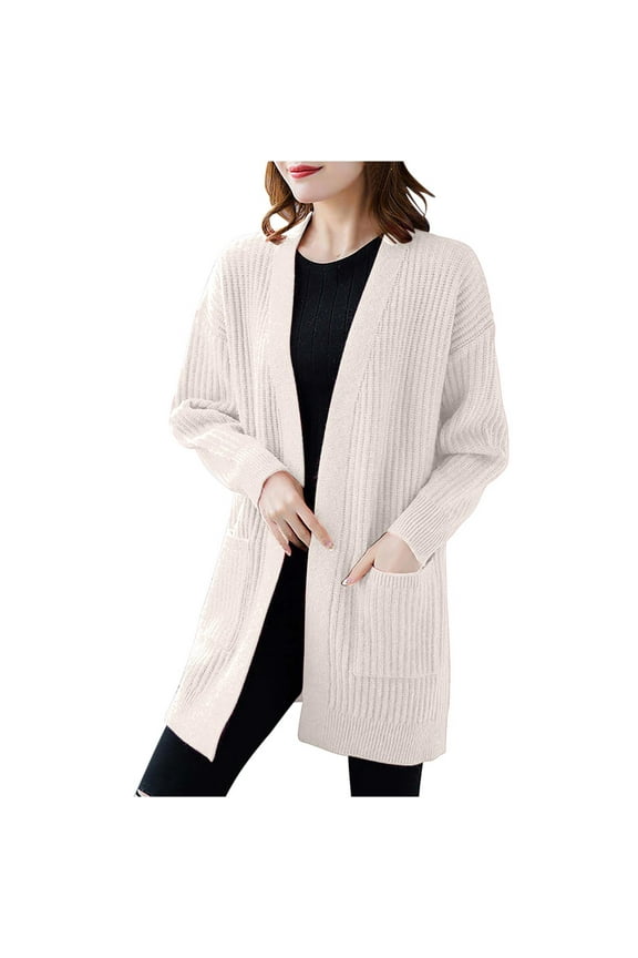 Womens Midi Cardigan Sweaters with Pockets Loose Long Sleeve Cardigans Trendy Ribbed Sweaters Open Front Jackets Fall Winter Going Out Tops White Free Size