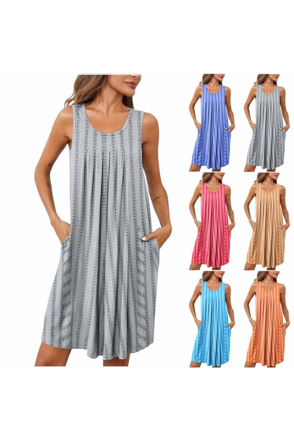 Womens Nightgown Cozy Sleeveless Cotton Pajama Dress with Pockets Dressy Pleated Front Mini Night Gowns Summer Loungewear 2026 Gray M