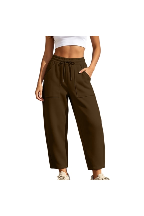 Womens Petite Barrel Pants with Patch Pockets Pull On Casual Drawstring Waisted Ankle Sweatpants Loose Wide Legged Sweat Pants 2026 Coffee S