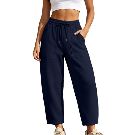 Oksale Womens Petite Barrel Pants with Patch Pockets Pull On Casual Drawstring Waisted Ankle Sweatpants Loose Wide Legged Sweat Pants 2026 Navy 2XL