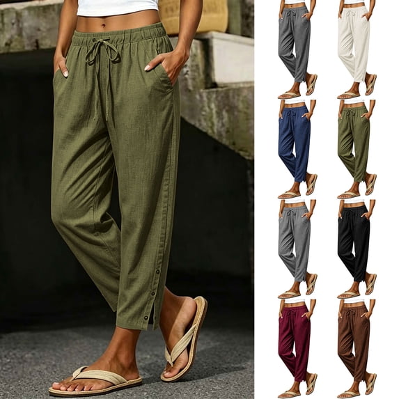 Oksale Womens Petite Linen Pants with Pockets Casual Drawstring Elastic Waisted Ankle Pants Lightweight Loose Straight Leg Cotton Pants Vacation Outfits Coffee L