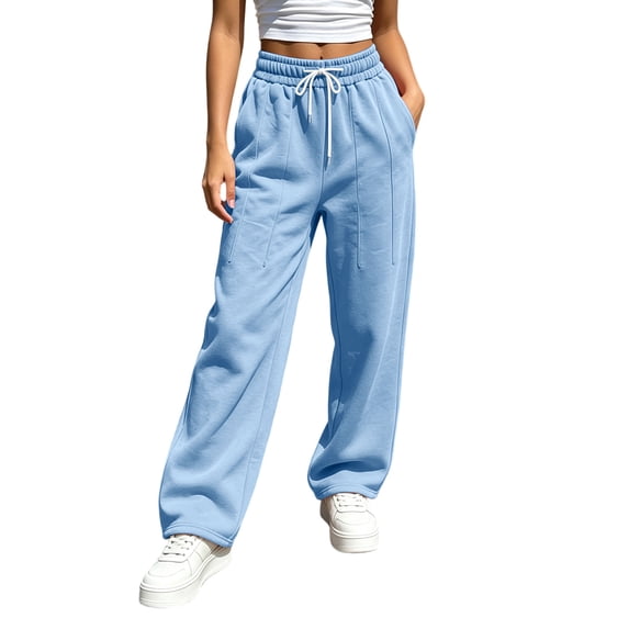 Oksale Womens Petite Sweatpants with Pockets Elastic Drawstring Waisted Straight Leg Sweat Pants Comfy Moisture Wicking Loose Gym Pants for Fall Blue S