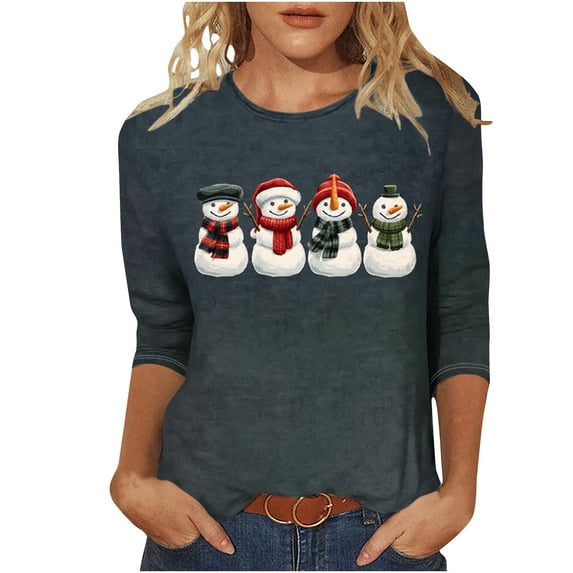 Oksale Womens Plus Size 3/4 Sleeve Christmas Tees Cute Snowman Print Round Neck Fall Casual Shirts Fashion Clothing Multicolor M