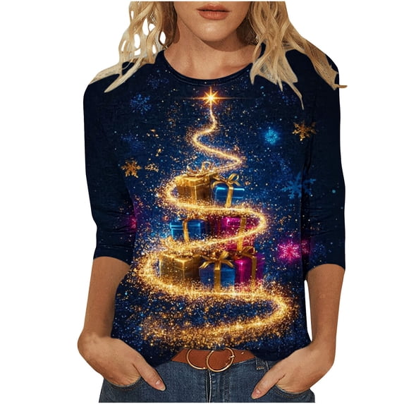 Oksale Womens Plus Size Christmas Tshirts Loose Comfy 3/4 Sleeve Cute Xmas Trees Print Pullovers Casual Crewneck Fall Shirts Fashion Tees Multicolor M