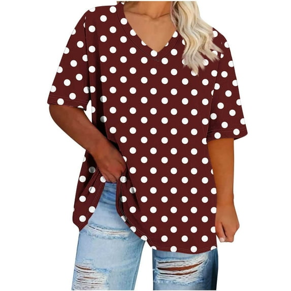 Oksale Womens Plus Size Fashion Tops Polka Dot Graphic Cotton Tshirts 2026 Loose Short Sleeve Summer Tops Cute Casual V Neck Going Out Shirts Wine S