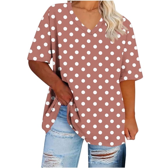 Oksale Womens Plus Size Fashion Tops Polka Dot Graphic Cotton Tshirts 2026 Loose Short Sleeve Summer Tops Cute Casual V Neck Going Out Shirts Brown XXXL