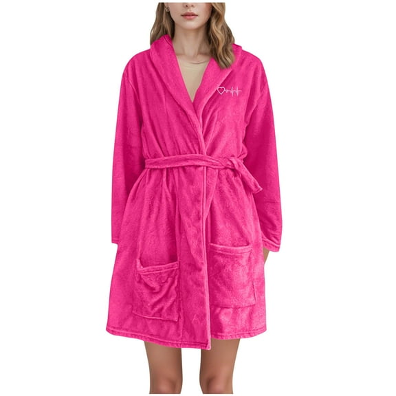 Oksale Womens Plus Size Flannel Bath Robe Soft Midi Robes with Belt Comfy Long Sleeve Night Robes with Pockets Warm Winter Sleep Robe 2025 Hot Pink XXXL