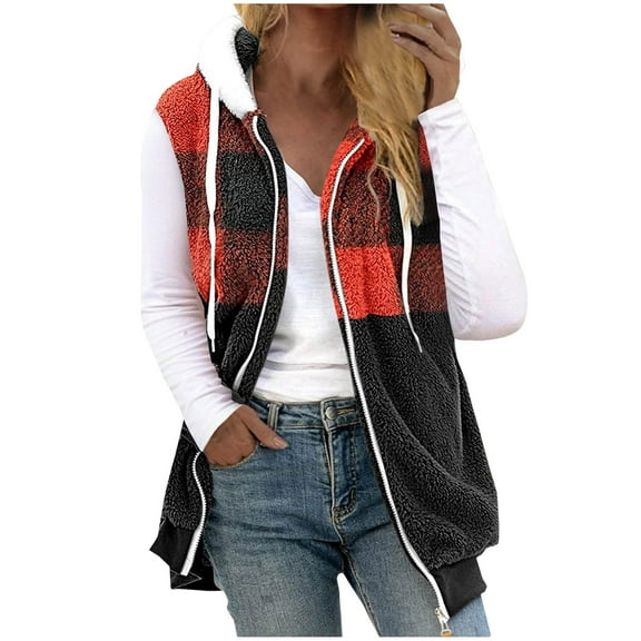 Oksale Womens Plus Size Plaid Vest Fleece Vests Warm Fluffy Zip Up Hooded Jackets with Pockets Sleeveless Jacket Soft Comfy Fuzzy Coat Mid Length Waistcoat 2025 Red XXXL