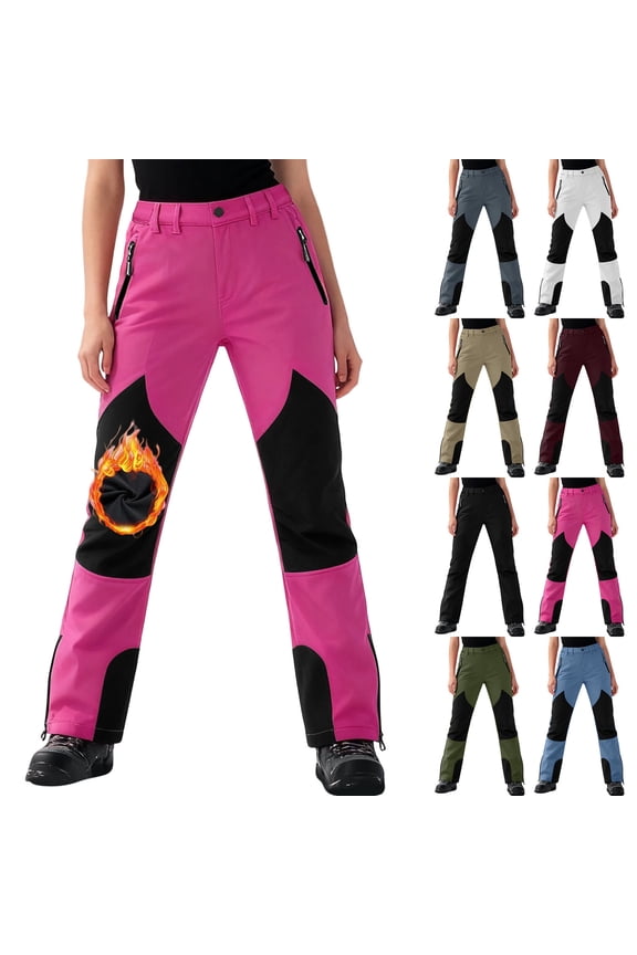 Womens Plus Size Ski Pants Winter Warm Fleece Lined Snow Pants with Pockets Trendy Color Block Cozy Windproof Sports Trousers Black 3XL