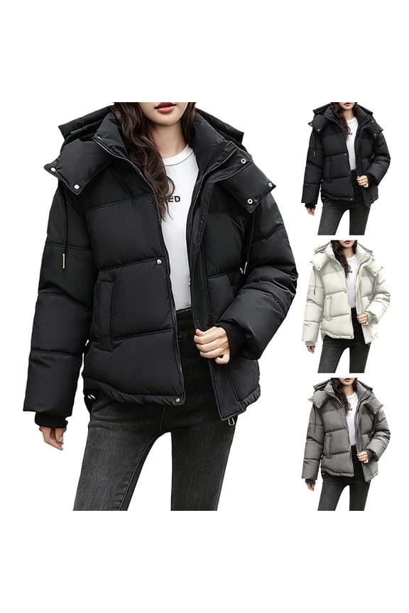 Womens Puffer Quilted Jackets with Hood Casual Full Zip Down Jacket with Pockets Comfort Long Sleeve Warm Winter Outerwear 2025 Black XL
