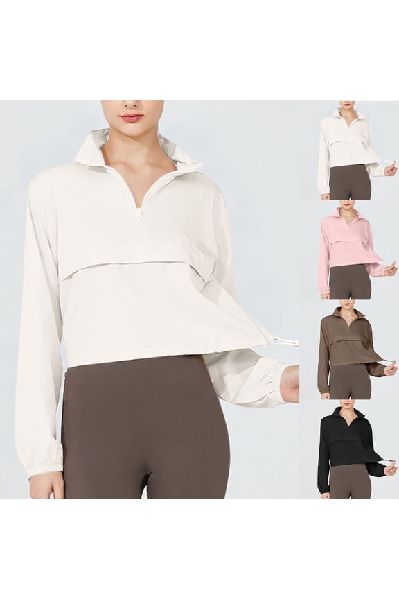 Womens Rain Coat Quarter Zip Cropped Lightweight Jacket Loose Waterproof Summer Athleric Rain Jackets Fashion Clothing Khaki M