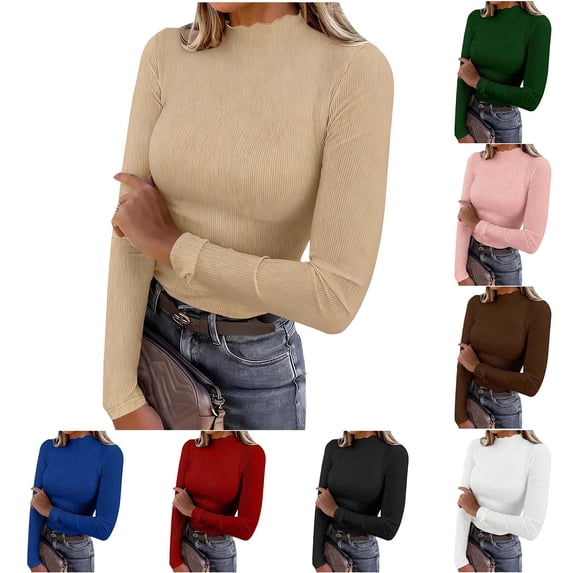 Oksale Womens Ribbed Long Sleeve Shirts Stretch Slim Fit Mock Neck Basic Tees for Women Lightweight Comfy Fall Clothes Army Green M