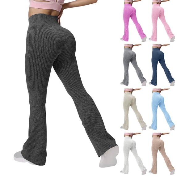 Oksale Womens Ribbed Yoga Pants Flare Leggings for Women Butt Lifting Seamless Stretch High Waisted Workout Legging Pants Hot Pink L